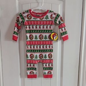 Cozy Red and Green Footie One Piece with Nordic Patterns